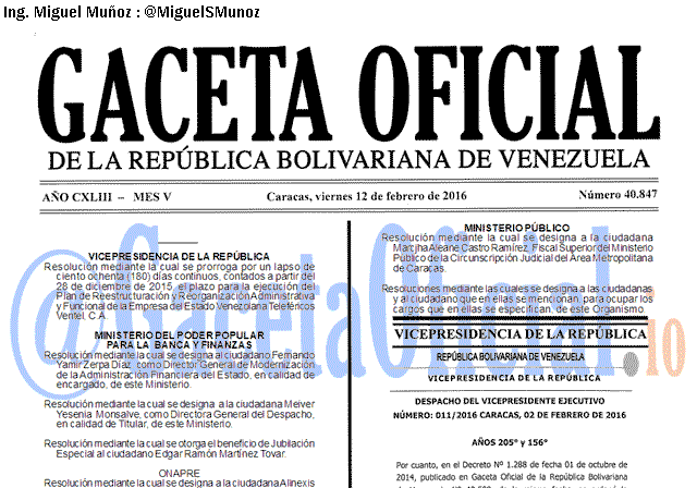 Gaceta Oficial 40847 del 12 febrero 2016