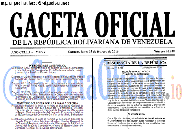 Gaceta Oficial 40848 del 15 febrero 2016