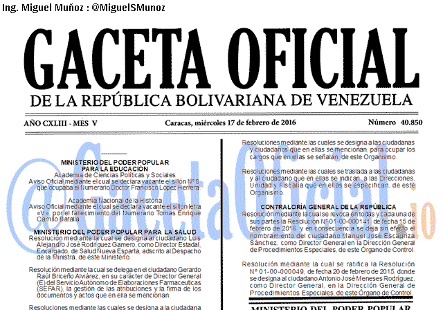 Gaceta Oficial 40850 del 17 febrero 2016