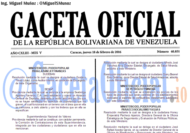 Gaceta Oficial 40851 del 18 febrero 2016