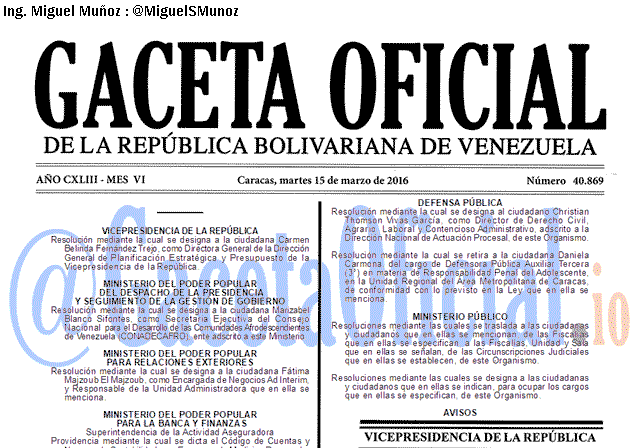 Gaceta Oficial 40869 del 15 marzo 2016