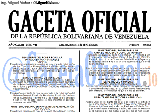 Gaceta Oficial 40882 del 11 abril 2016
