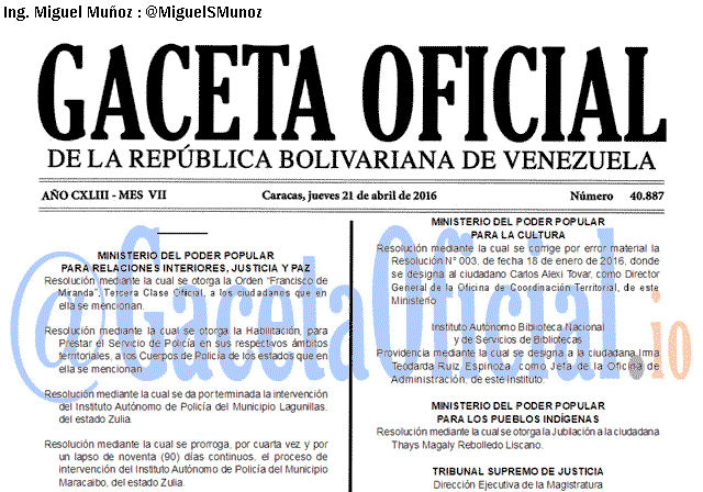 Gaceta Oficial 40887 del 21 abril 2016