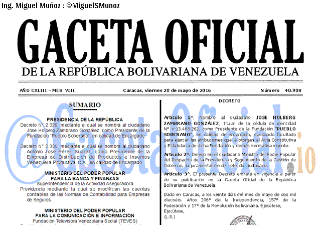Gaceta Oficial 40908 del 20 mayo 2016