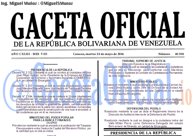 Gaceta Oficial 40910 del 24 mayo 2016