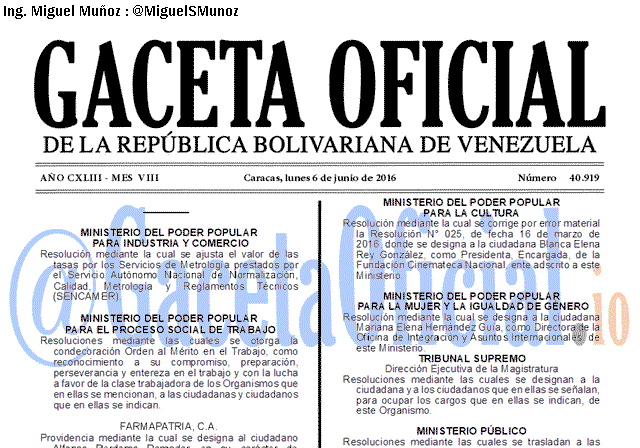 Gaceta Oficial 40919 del 6 junio 2016