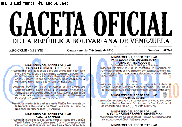 Gaceta Oficial 40920 del 7 junio 2016
