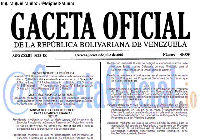 Gaceta Oficial 40939 del 7 julio 2016