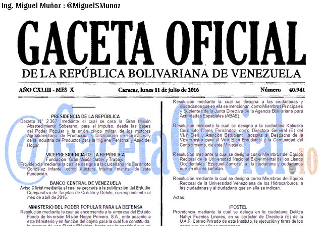 Gaceta Oficial 40941 del 11 julio 2016