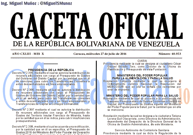 Gaceta Oficial 40953 del 27 julio 2016