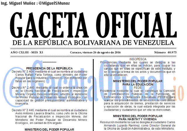Gaceta Oficial 40975 del 26 agosto 2016