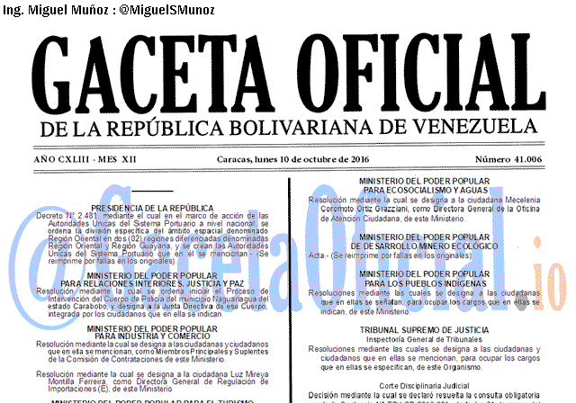 Gaceta Oficial 41006 del 10 octubre 2016