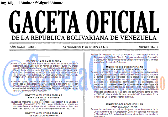 Gaceta Oficial 41015 del 24 octubre 2016