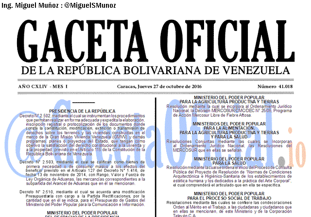 Gaceta Oficial 41018 del 26 octubre 2016