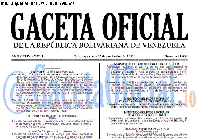 Gaceta Oficial 41039 del 25 noviembre 2016