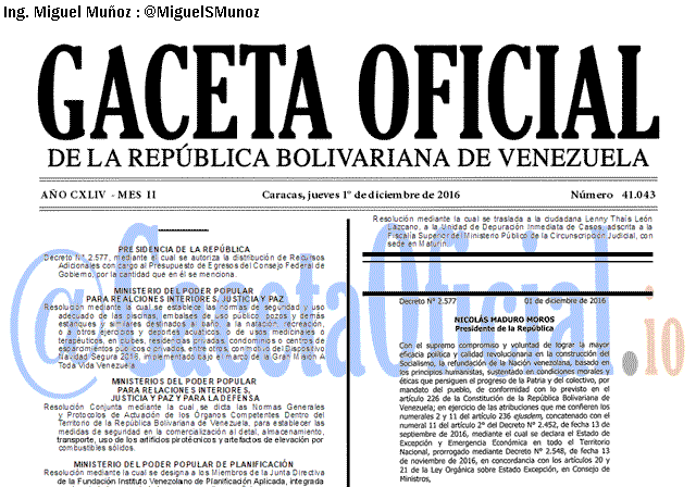 Gaceta Oficial 41043 del 1 Diciembre 2016