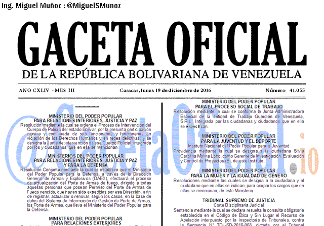 Gaceta Oficial 41055 del 19 diciembre 2016