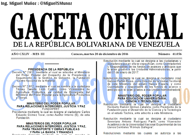 Gaceta Oficial 41056 del 20 diciembre 2016