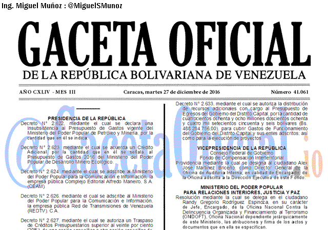 Gaceta Oficial 41061 del 27 diciembre 2016 Gaceta Oficial 41061 del 27 diciembre 2016