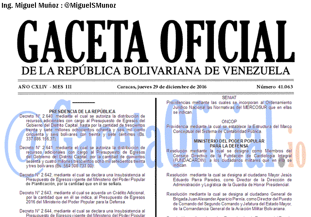 Gaceta Oficial 41063 del 29 diciembre 2016 Gaceta Oficial 41063 del 29 diciembre 2016