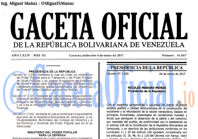 Gaceta Oficial 41067 del 4 enero 2017 Gaceta Oficial 41067 del 4 enero 2017