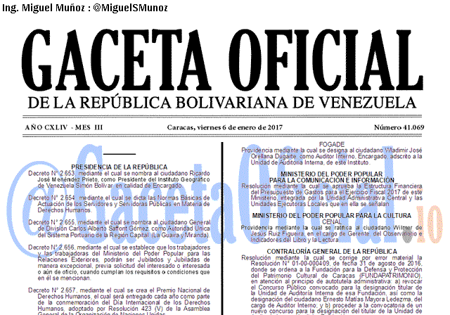 Gaceta Oficial 41069 del 6 enero 2017 Gaceta Oficial 41069 del 6 enero 2017