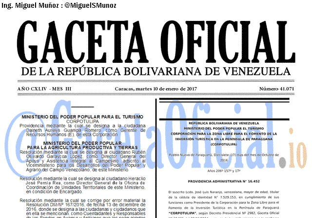 Gaceta Oficial 41071 del 10 enero 2017 Gaceta Oficial 41071 del 10 enero 2017
