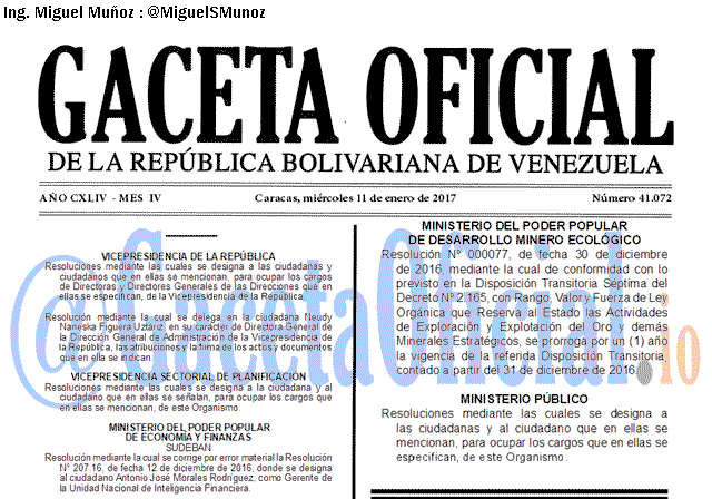 Gaceta Oficial 41071 del 11 enero 2017 Gaceta Oficial 41072 del 11 enero 2017