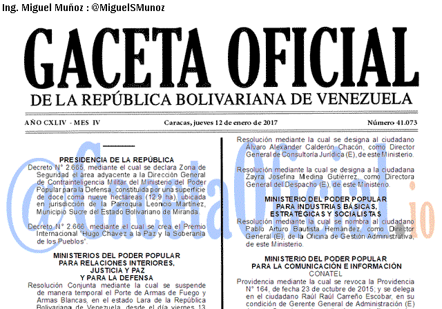 Gaceta Oficial 41073 del 12 enero 2017 Gaceta Oficial 41073 del 12 enero 2017