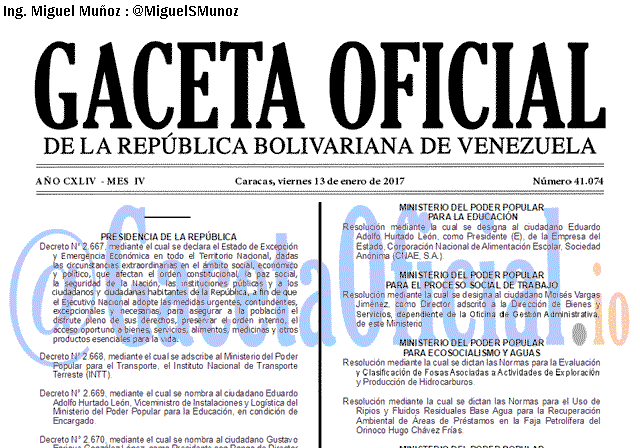 Gaceta Oficial 41074 del 13 enero 2017 Gaceta Oficial 41074 del 13 enero 2017