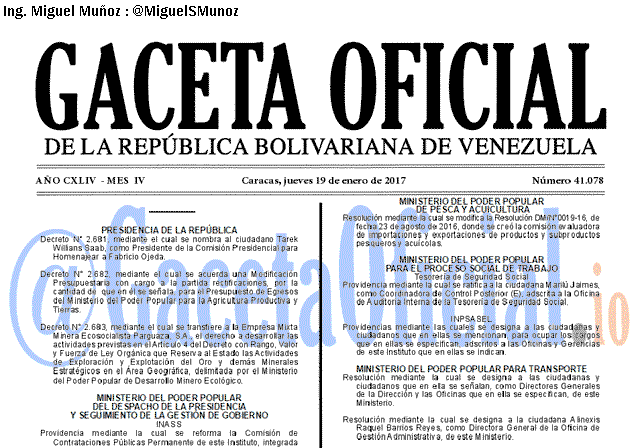 Gaceta Oficial 41078 del 19 enero 2017
