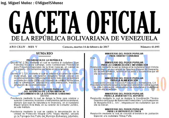 Gaceta Oficial 41095 del 14 febrero 2017