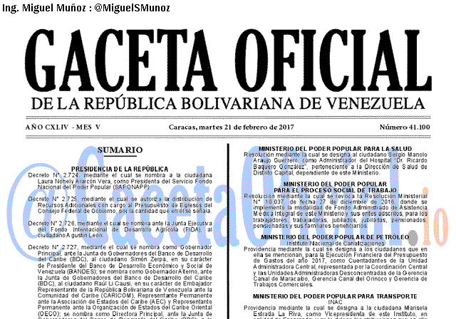 Gaceta Oficial 41100 del 21 febrero 2017 Gaceta Oficial 41100 del 21 febrero 2017