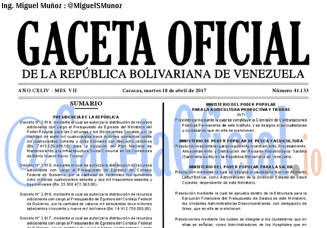 Gaceta Oficial 41133 del 18 abril 2017 Gaceta Oficial 41133 del 18 abril 2017