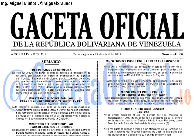 Gaceta Oficial 41139 del 27 abril 2017 Gaceta Oficial 41139 del 27 abril 2017