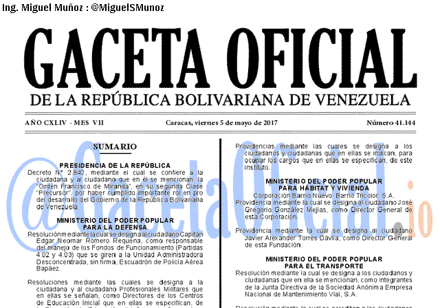 Gaceta Oficial 41144 del 5 mayo 2017 Gaceta Oficial 41144 del 5 mayo 2017