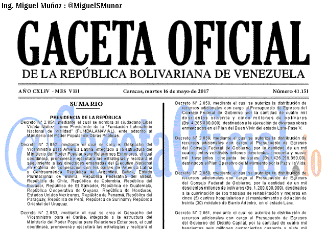 Gaceta Oficial 41151 del 16 mayo 2017 Gaceta Oficial 41151 del 16 mayo 2017