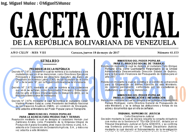 Gaceta Oficial 41153 del 18 mayo 2017 Gaceta Oficial 41153 del 18 mayo 2017