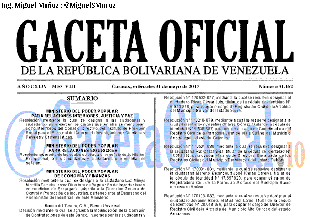 Gaceta Oficial 41162 del 31 mayo 2017 Gaceta Oficial 41162 del 31 mayo 2017