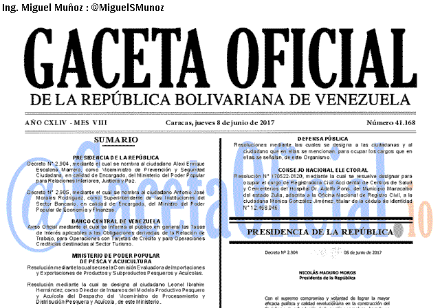 Gaceta Oficial 41168 del 8 junio 2017 Gaceta Oficial 41168 del 8 junio 2017