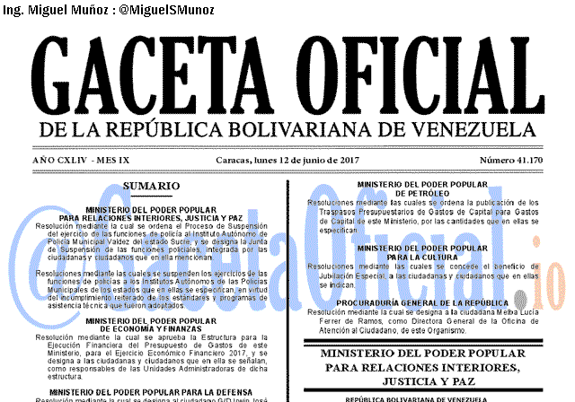 Gaceta Oficial 41170 del 12 junio 2017 Gaceta Oficial 41170 del 12 junio 2017