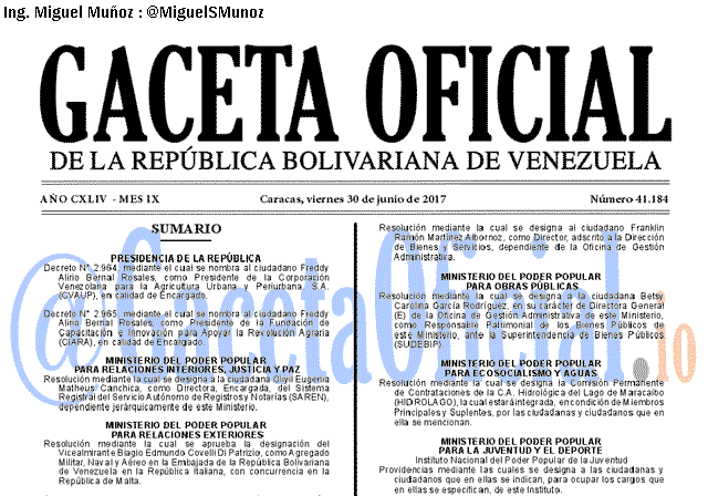 Gaceta Oficial 41184 del 30 junio 2017 Gaceta Oficial 41184 del 30 junio 2017