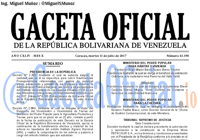 Gaceta Oficial 41190 del 11 julio 2017 Gaceta Oficial 41190 del 11 julio 2017