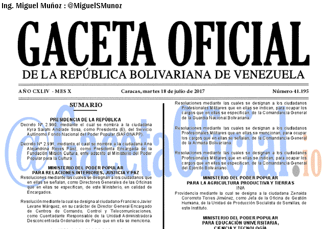 Gaceta Oficial 41195 del 18 julio 2017 Gaceta Oficial 41195 del 18 julio 2017