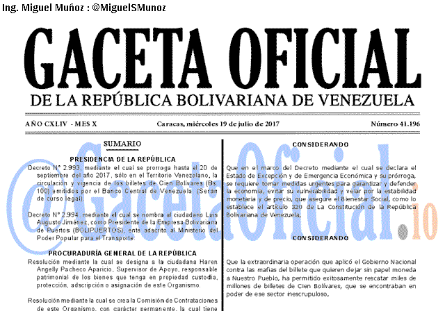 Gaceta Oficial 41196 del 19 julio 2017