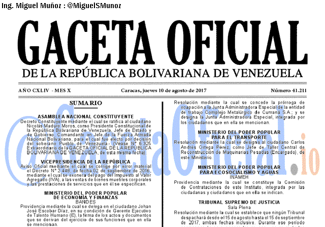Gaceta Oficial 41211 del 10 agosto 2017 Gaceta Oficial 41211 del 10 agosto 2017
