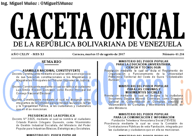 Gaceta Oficial 41214 del 15 agosto 2017 Gaceta Oficial 41214 del 15 agosto 2017