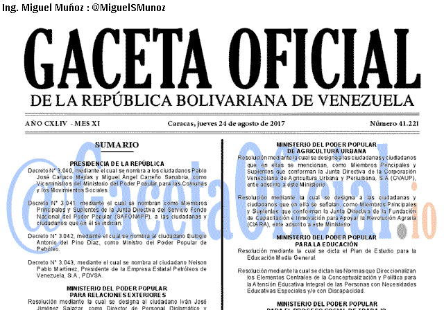 Gaceta Oficial 41221 del 24 agosto 2017 Gaceta Oficial 41221 del 24 agosto 2017