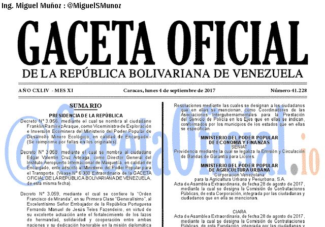 Gaceta Oficial 41228 del 4 septiembre 2017 Gaceta Oficial 41228 del 4 septiembre 2017