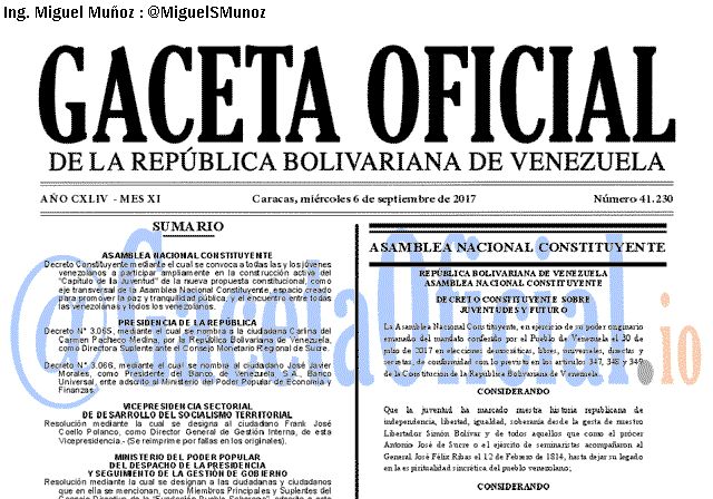 Gaceta Oficial 41230 del 6 septiembre 2017 Gaceta Oficial 41230 del 6 septiembre 2017